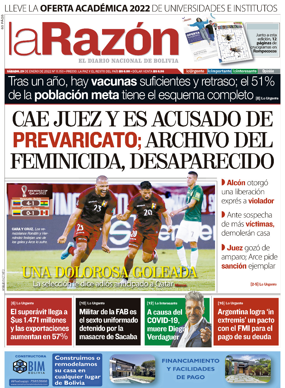 Tapa de La Razón del sábado 29 de enero de 2022 La Razón