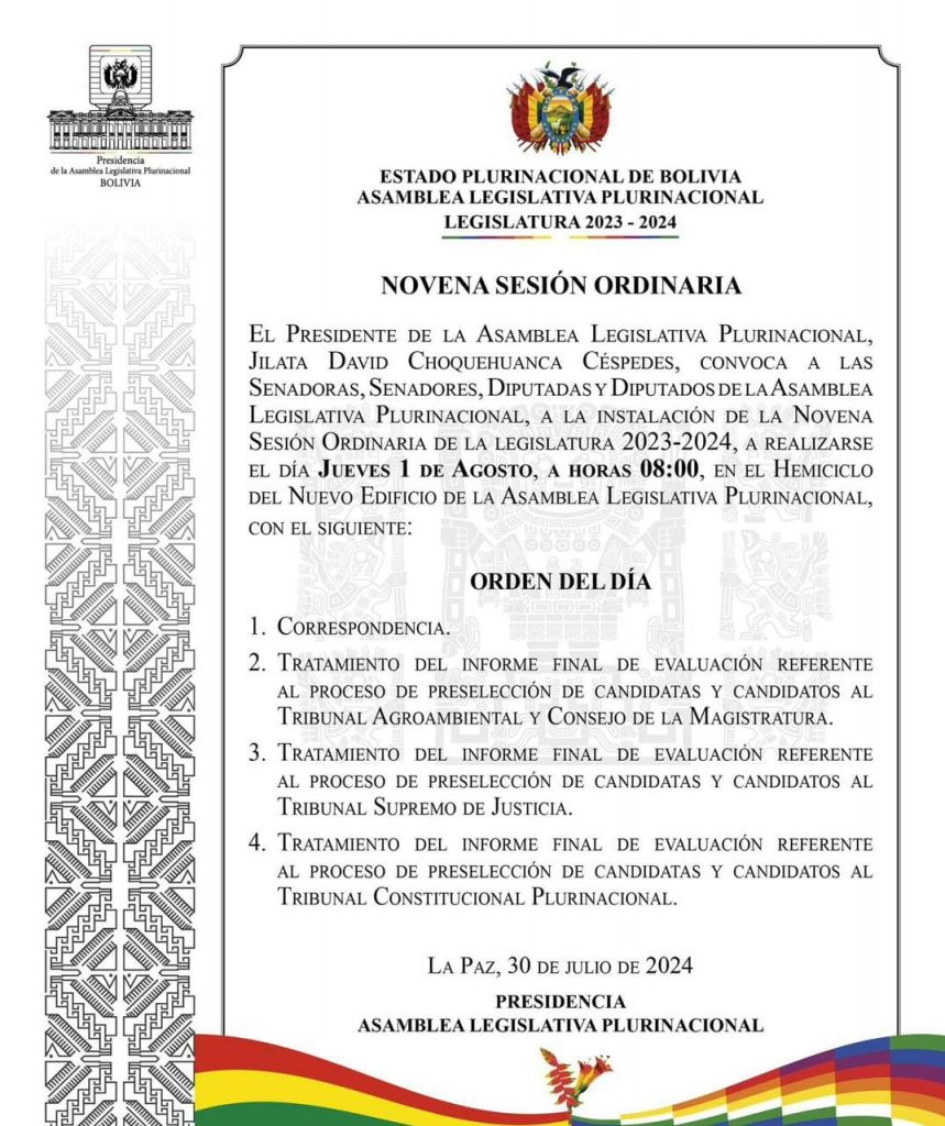 Choquehuanca convoca a sesión de Asamblea para aprobar o rechazar los