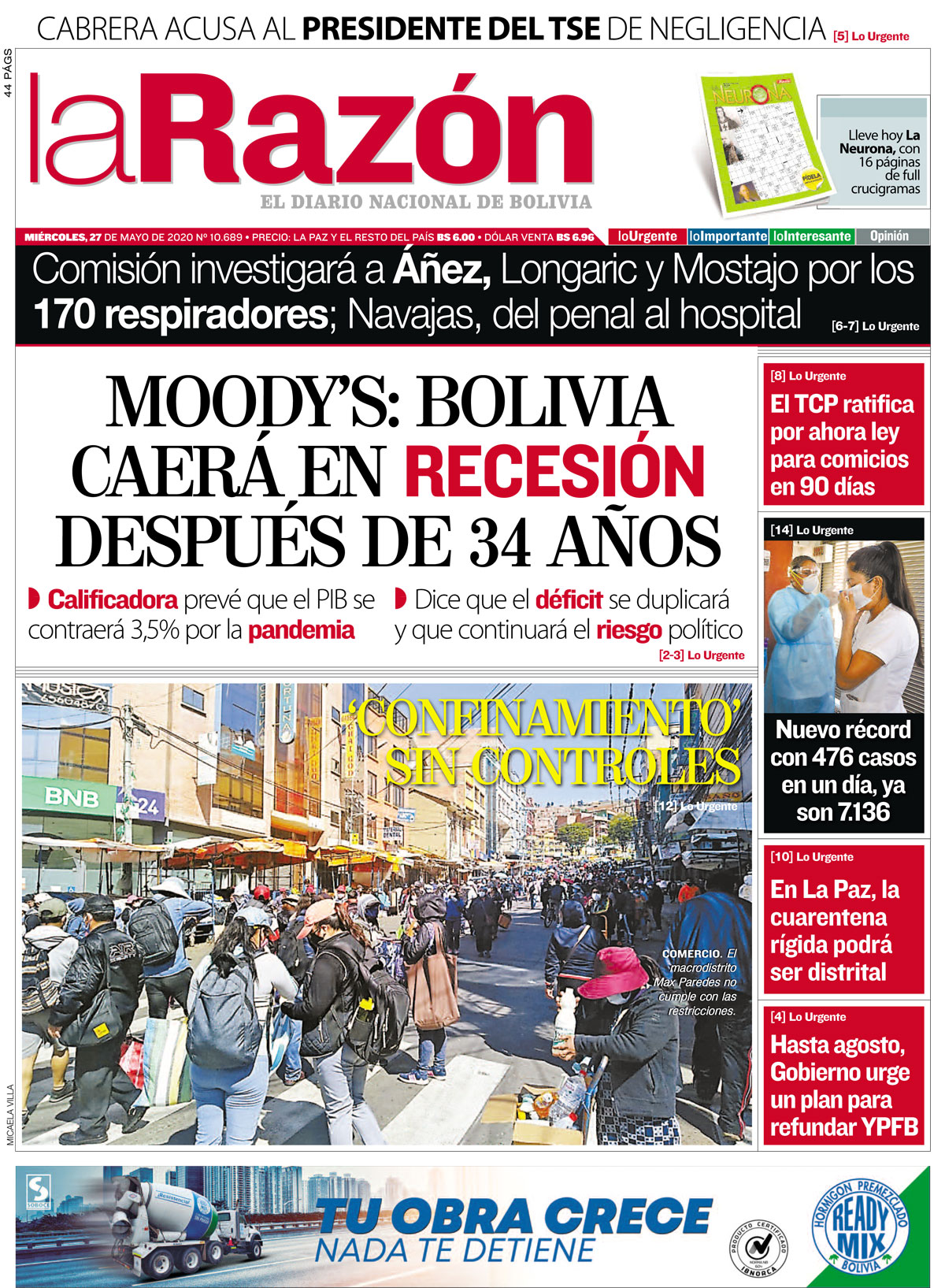 Portada La Razon Miercoles 27 De Mayo De 2020 La Razon Noticias De Bolivia Y El Mundo