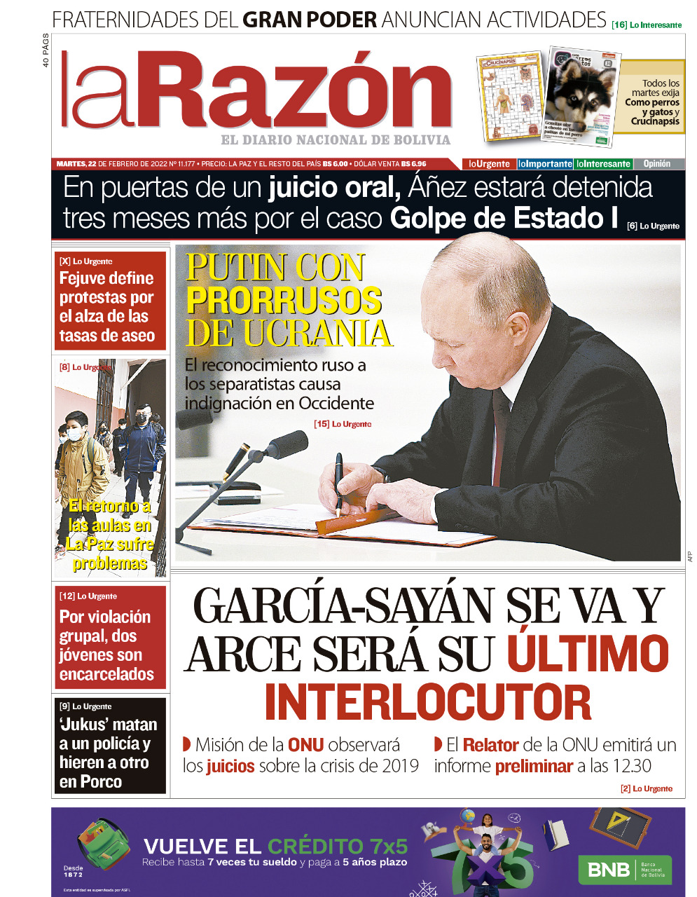 Tapa De La Razón Del Martes 22 De Febrero De 2022 - La Razón