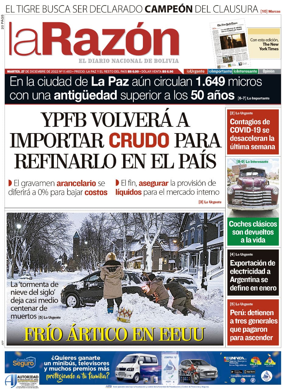 Tapa De La Razón Del Martes 27 De Diciembre De 2022 - La Razón