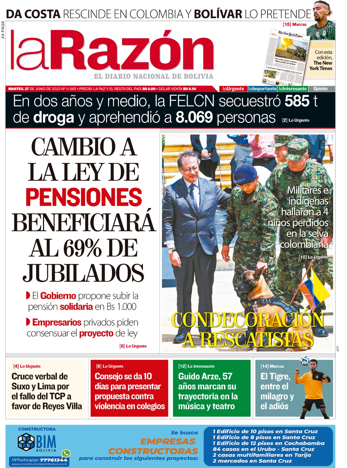 Portada martes 27 de junio de 2023 La Razón