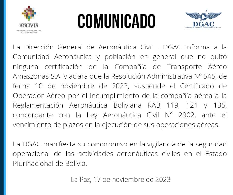 La DGAC suspende el Certificado de Operador A reo de Amaszonas